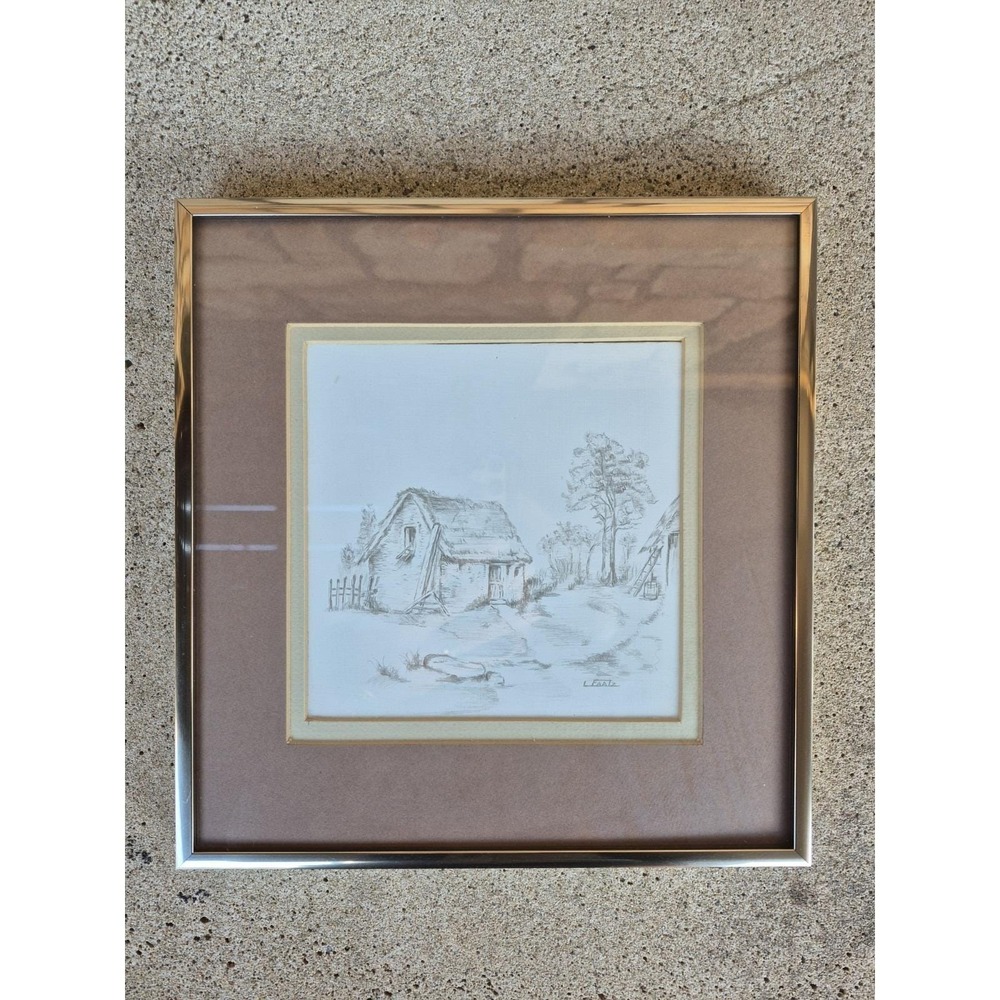 Vintage 1981 Signed Pencil Drawing Cottage Farmhouse Framed 10x9.75 Art